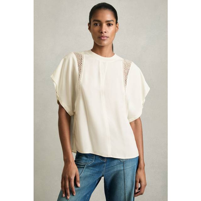 Reiss Harlowe Lace Insert T-Shirt, Cream
