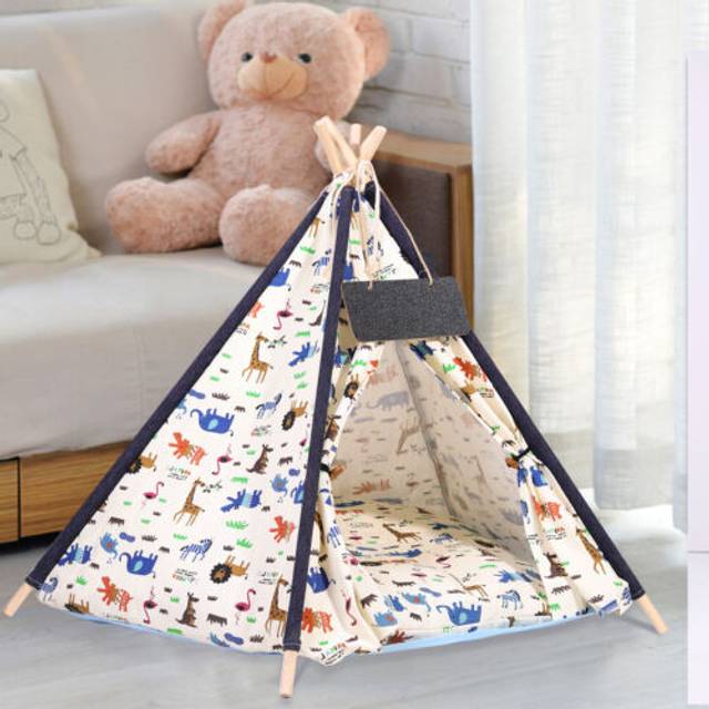 Portable pet dog teepee tent foldable play house w/ thick cushion indoor outdoor