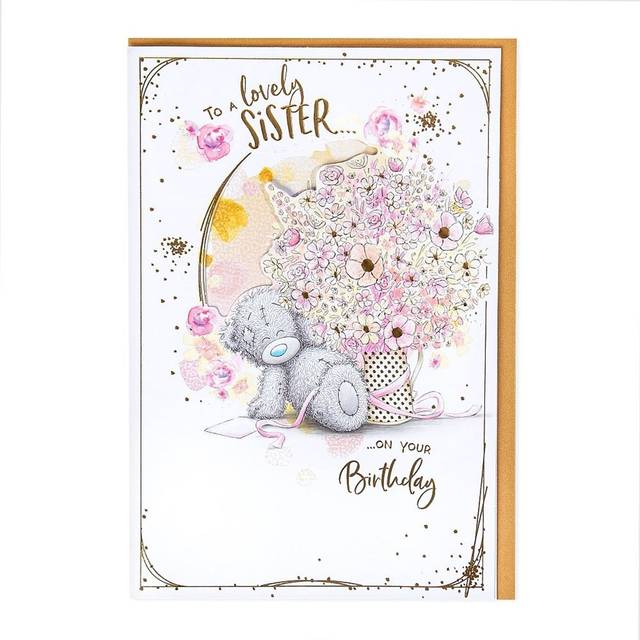 Bear with large jug of flowers lovely sister luxury handmade birthday card