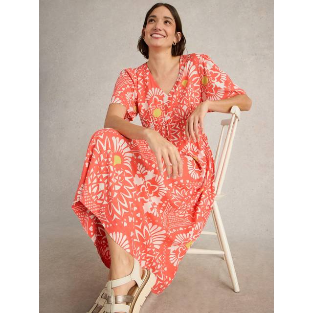 White Stuff Lucy Floral V-Neck Midi Dress, Orange