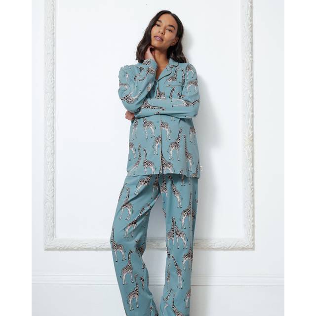 Maternity Organic Cotton Giraffe Print Long Pyjama Set - Blue - 6,8,10,12,14,16