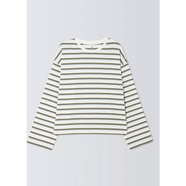 John Lewis ANYDAY Striped Cotton Long Sleeve Oversized T-Shirt, Ecru/Blue/Khaki