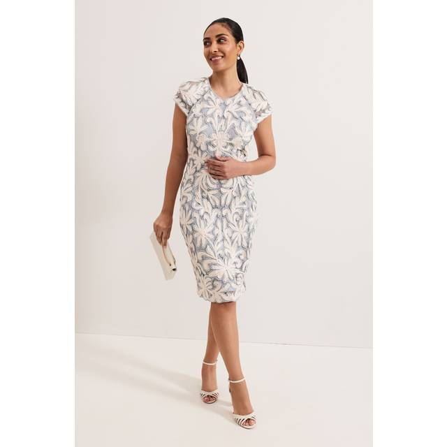 Phase Eight Petite Karima Tapework Lace Dress, Light Blue/White