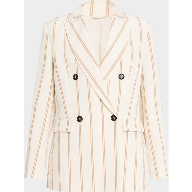 Striped Linen-Cotton Double-Breasted Blazer - C001 CREAM W CAMEL