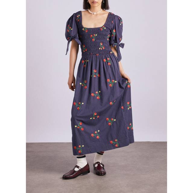 Lauren Strawberry Puff-Sleeve Midi Dress - NAVY - 8 UK (4 US)