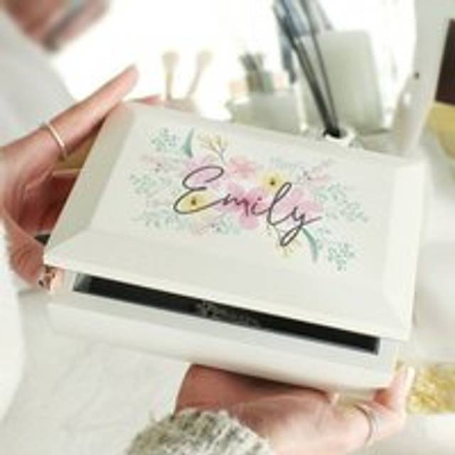 Personalised Floral Wooden Jewellery Box - White