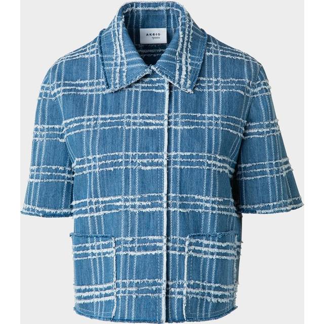 Fringed Check Denim Short-Sleeve Shirt Jacket - MEDIUM BLUE DENIM - 6