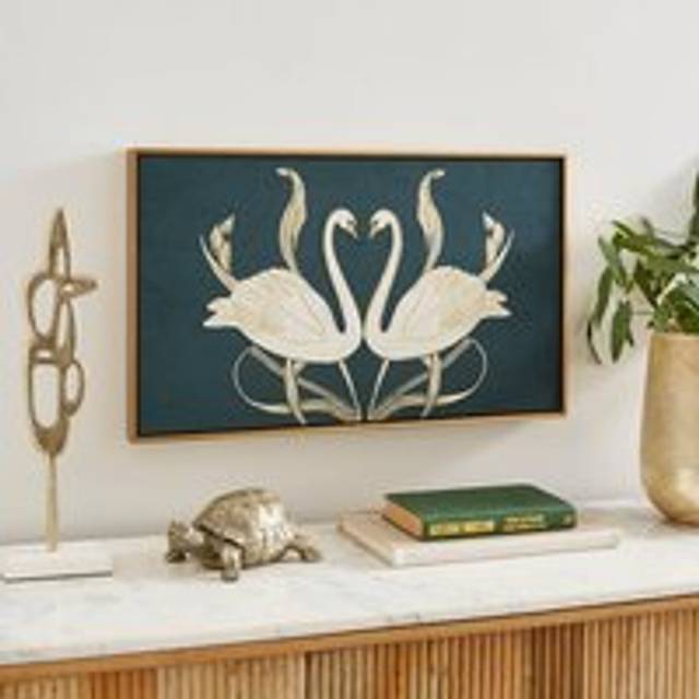 Nouveau Swans Embroidered Velvet Framed Canvas - Navy