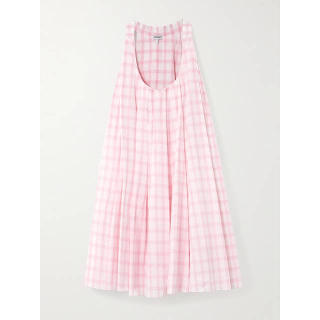 LOEWE - Pleated Checked Cotton-voile Mini Dress - Pink - FR 38