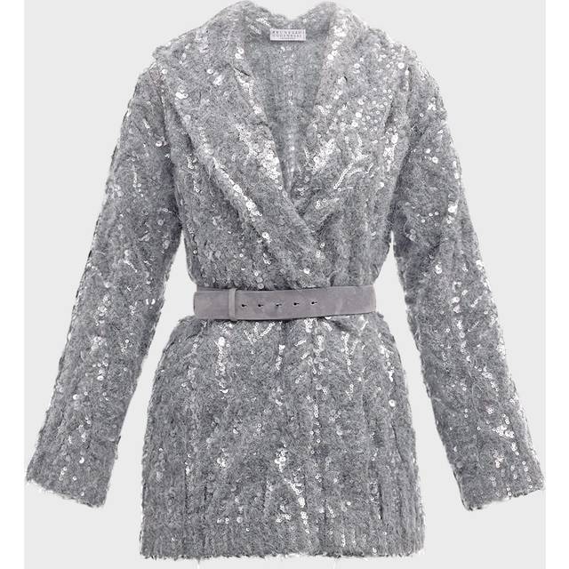 Alpaca Mohair Belted Cardigan with Sparkling Embroidery - CAI46 PEARL GREY - Large