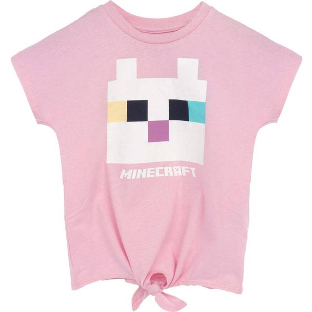 (13-14 Years, Pink/White) Minecraft Girls Cat Twisted Knot Front T-Shirt