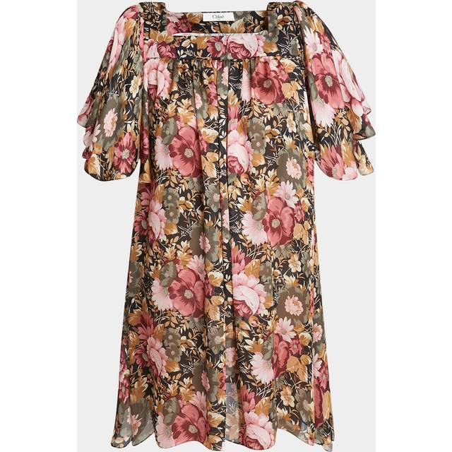 Rose Print Pleated Mini Silk Dress - BLACK - 40 FR (8 US)