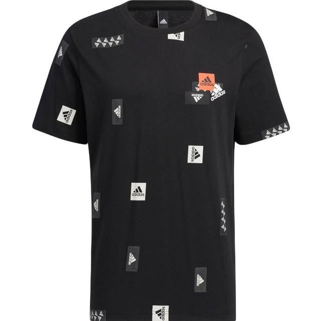 Men's adidas Full Print Logo Patch Printing Round Neck Short Sleeve Black T-Shirt HM2964 - MULTI-COLOR - XL
