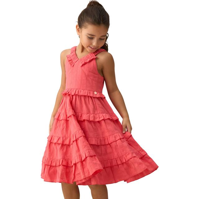 Angel & Rocket Kids' Marie Cotton Tiered Frill Dress, Coral