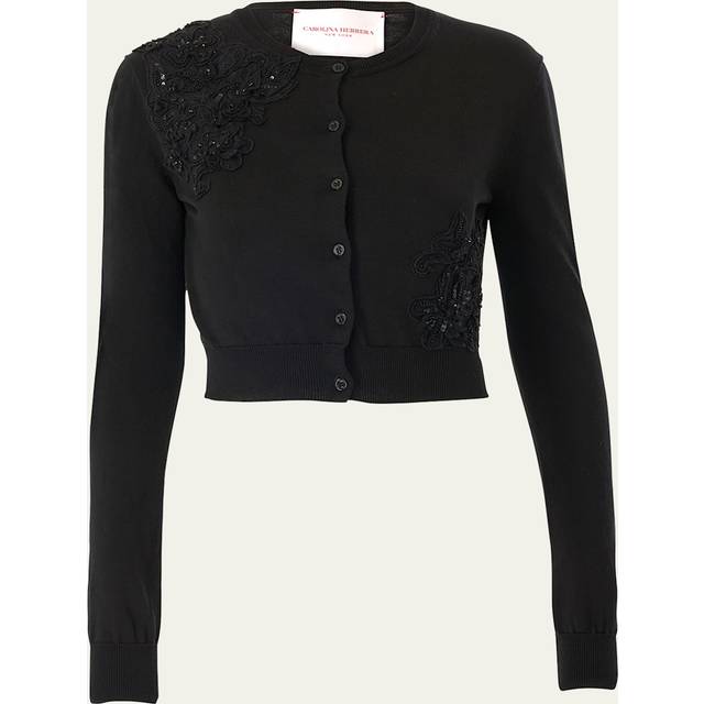 Beaded Lace Crewneck Crop Cardigan - BLACK - X-Large