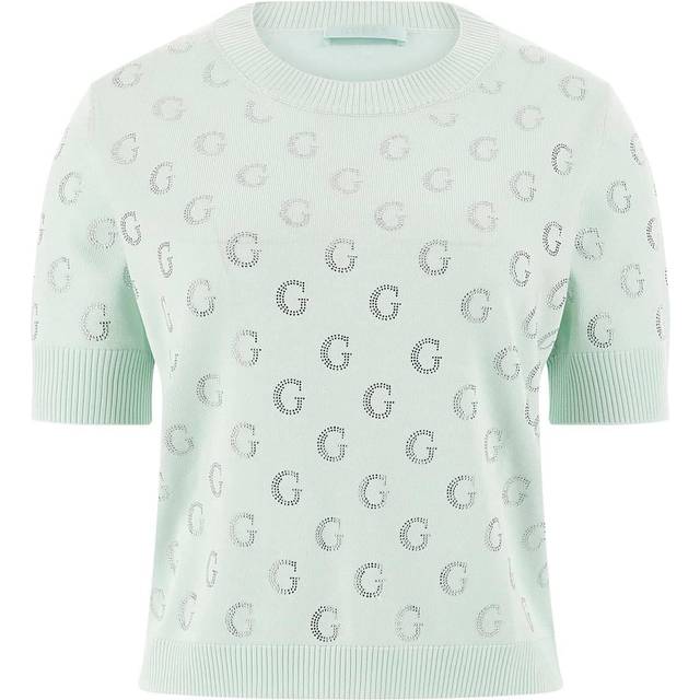 Guess Cropped Rhinestone Logo Sweater - Turquoise - XS