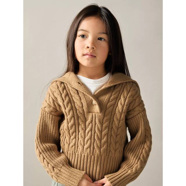 Reiss Kids' Etta Cotton Blend Open Collar Cable Knit Jumper, Camel
