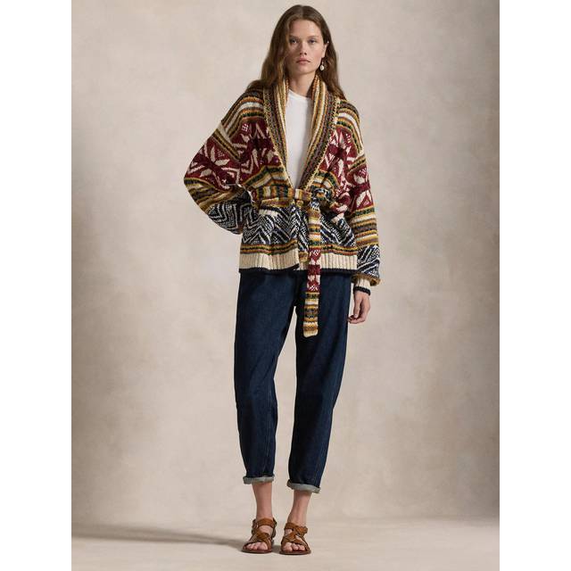 Polo Ralph Lauren Geometric Belted Shawl Collar Cardigan, Tan/Blue Multi