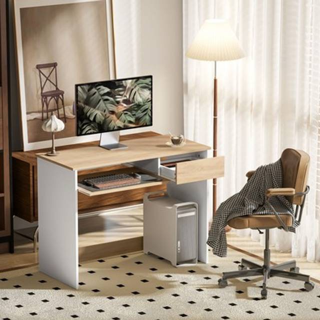 HOMCOM Compact Computer Desk with Keyboard Tray, Home Office Desk with Drawer for Bedroom Study, Oak