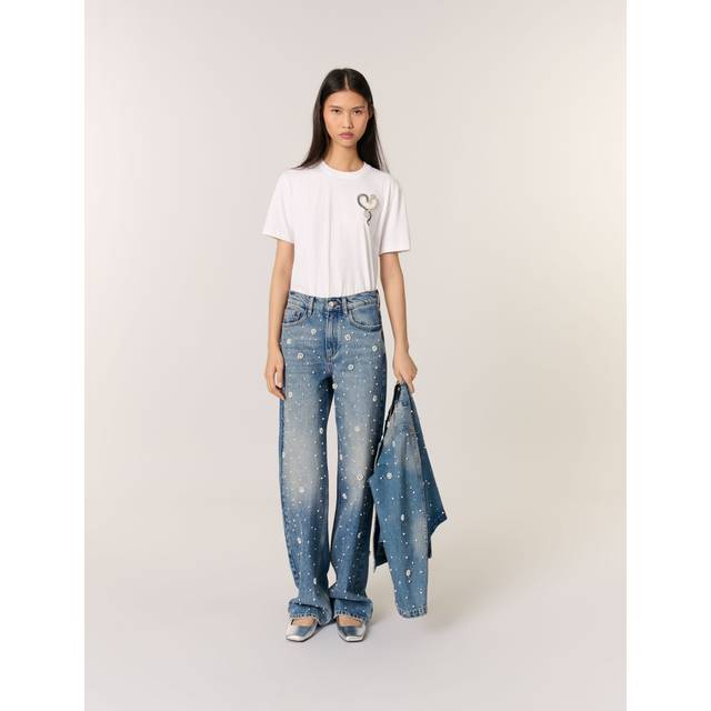 Jean Large Brodé - Bleu - Maje -  Matière principale: 100% cotonDoublure poches: 67% polyester, 33% cotonJacron: cuir de veau - Prêt-à-porter > Bas > Jeans taille haute