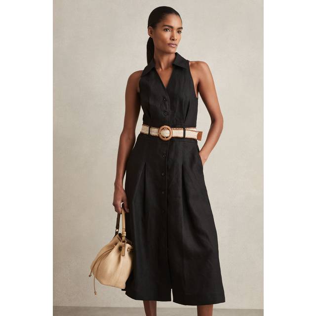 Reiss Annie Linen Sleeveless Midi Shirt Dress, Black