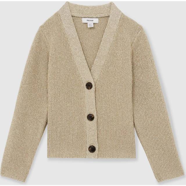Reiss Kids' Mika Metallic V-Neck Cardigan, Gold