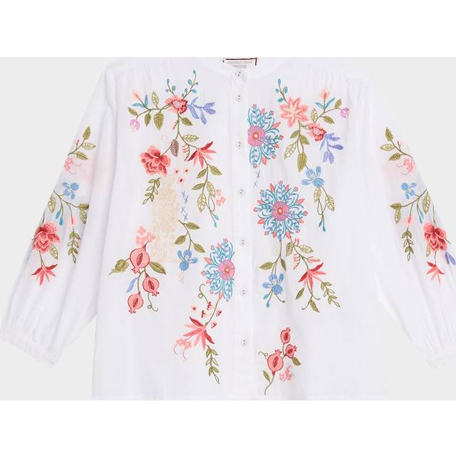 Shirred Floral-Embroidered Cotton Blouse - WHITE - Medium