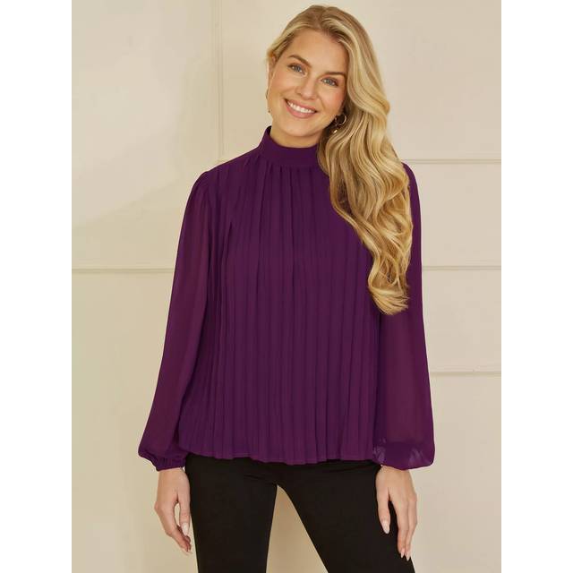 Mela London Womens Plum Pleated Long Sleeve Top With High Neck - Purple - Size 20 UK