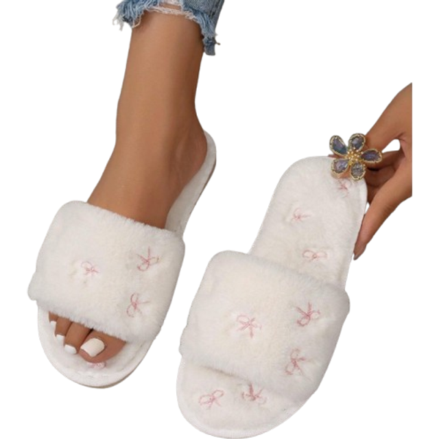 SHEIN Women&#39;s Embroidered Bow House Slippers, Fabric Slip-On Flat Comfy Slides For Indoor, Suitable For All Seasons