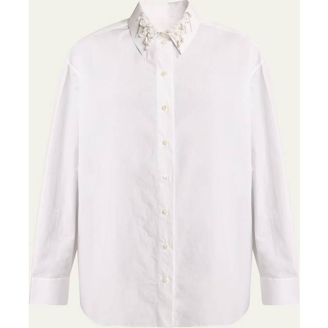 Beaded Pearly Collar Button Down Cotton Blouse - WHITE - 36 FR (4 US)