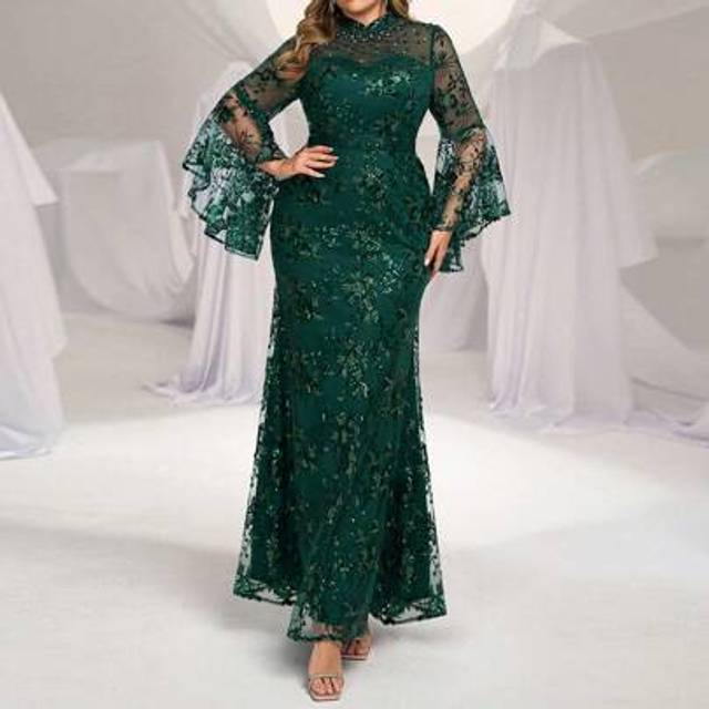SHEIN Plus Size Burgundy Embroidered Fabric Elegant Chinese Style Mandarin Collar Oversized Flared Sleeve Fish Tail Evening Gown With Handmade Beading