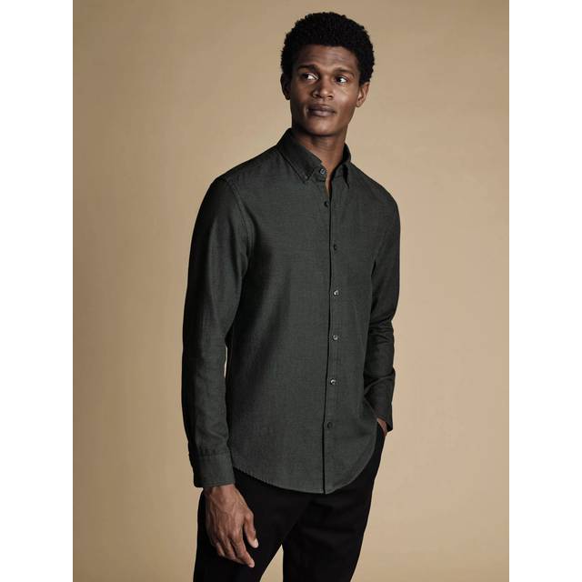 Men's Textured Flannel Cotton Shirt - Sage Green, Small by Charles Tyrwhitt (Small)