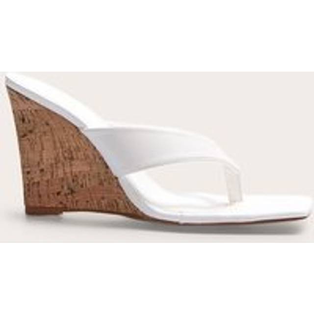 White Pu Round Toe Thong Heeled Wedges, White - 6