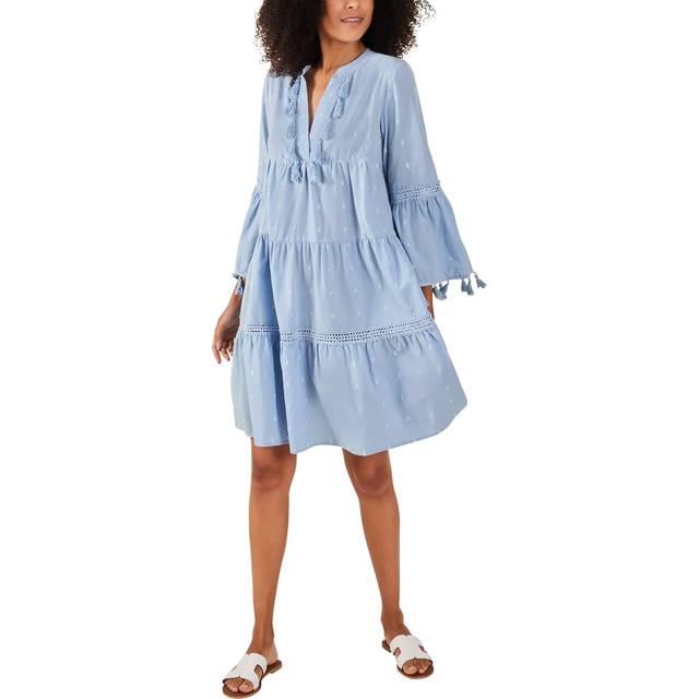Accessorize Dobby Flute Sleeve Tassel Tiered Mini Dress, Blue