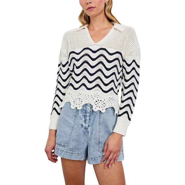 Rails Louise Open Knit Wave Stripe Jumper, White/Navy
