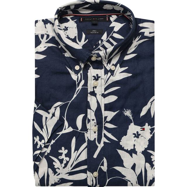 Linen Tropical Print Short Sleeved Shirt - Night Sky/Ivory Silk