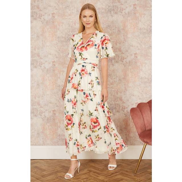 Yumi Ivory Floral Mesh Tiered Maxi Dress - Size 18 UK - Yumi