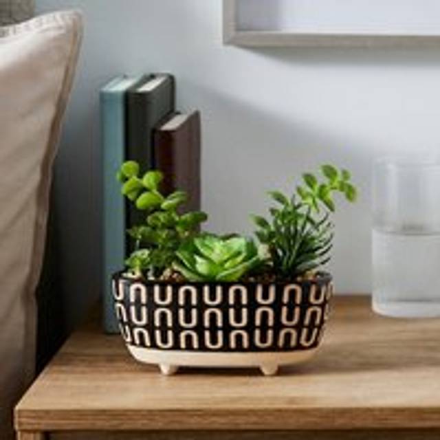 Artificial Succulents in Monochrome Patterned Plant Pot - Black/White