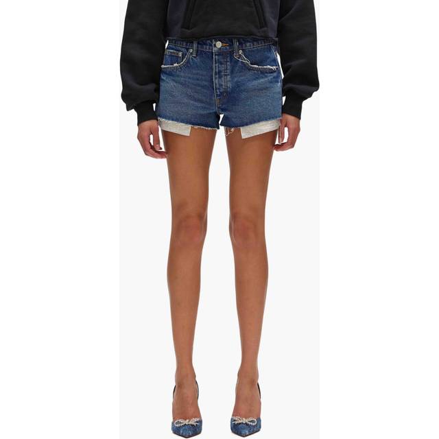 Cut-Off Denim Shorts with Rhinestone Pockets - MID INDIGO - 25