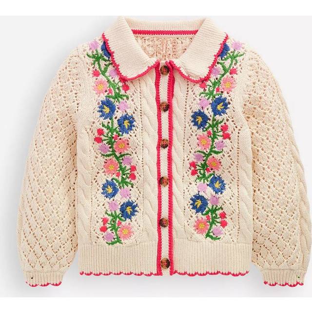 Mini Boden Kids' Cotton Embroidered Cardigan, Warm Ivory Floral