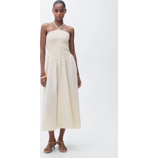 Mango Fede Cotton Blend Ruched Midi Dress, Light Beige