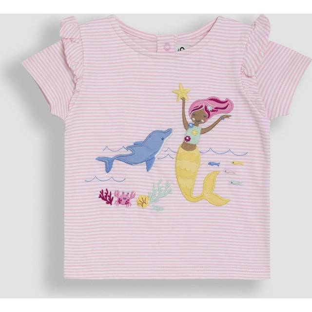 JoJo Maman Bébé Kids' Mermaid Applique Frill Shoulder T-Shirt, Pink/Multi