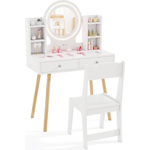 Dressing Table, Girls Vanity Set With Stool, 2-Color LED Lights Mirror, Drawers, Storage Shelves - White (106cm H X 70cm W X 34cm D)