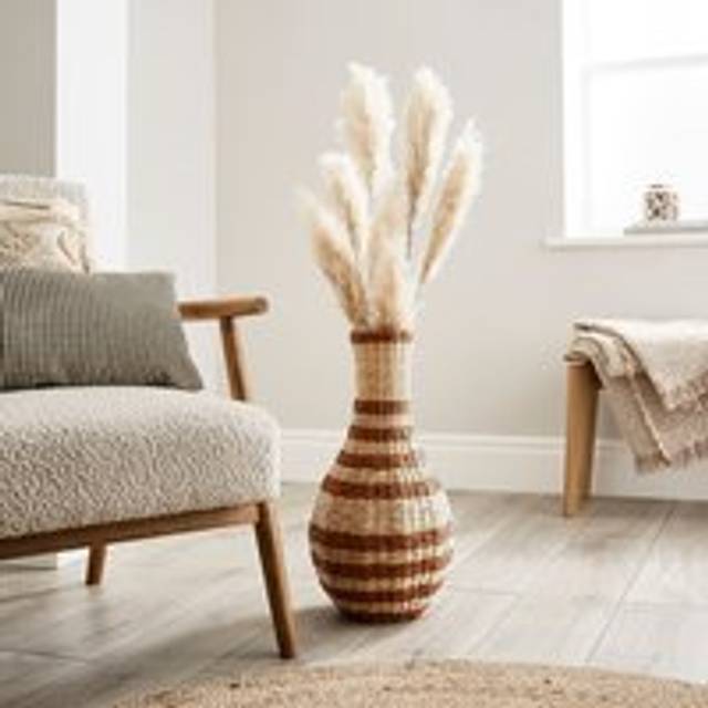 Woven Brown Stripe Straw Vase - Natural