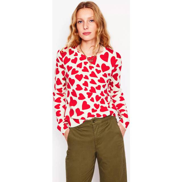 Boden Eva Heart Print Pure Cashmere Jumper, Red/Multi