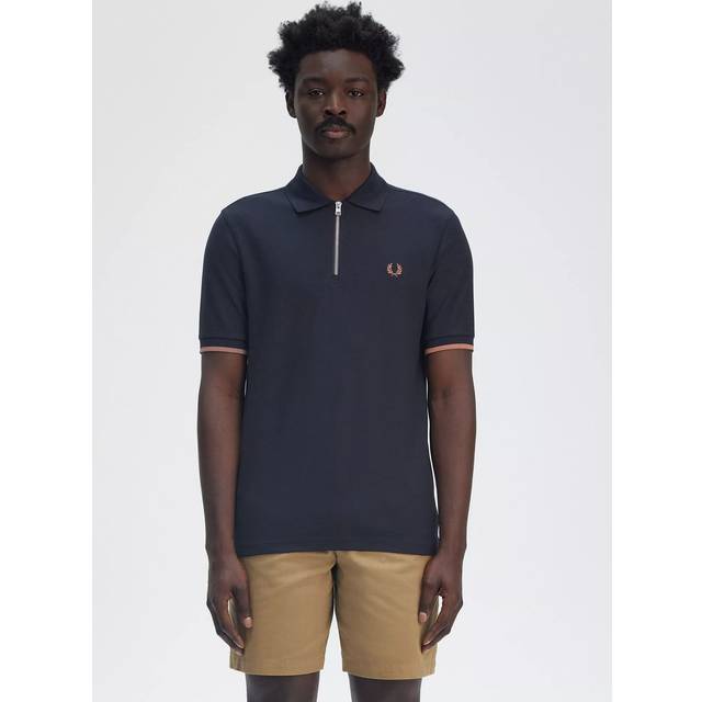 Fred Perry Zip Neck Crepe Polo T Shirt Navy