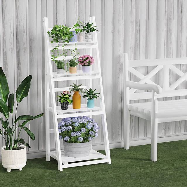 4 Tier Wooden Ladder Rack Foldable Display Flower Plant Stand - White (112cm H X 41cm L X 33cm D)