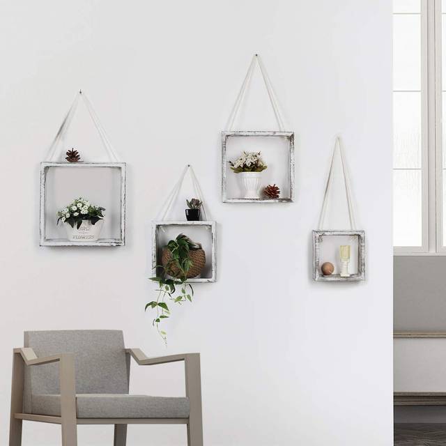 Wall Decor Floating Hanging Square Shelves Wall Mounted Rustic Wood Cube Display Shelf - White (30.4cm H X 30.4cm W)