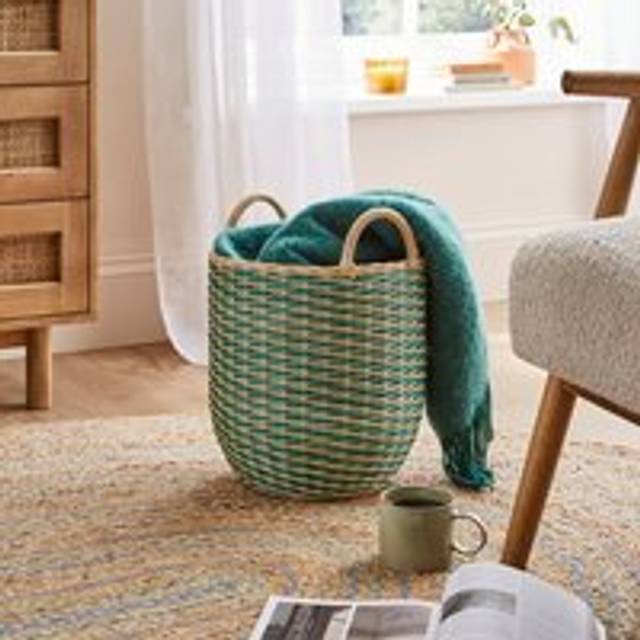 Round Woven Rattan Basket - Aqua
