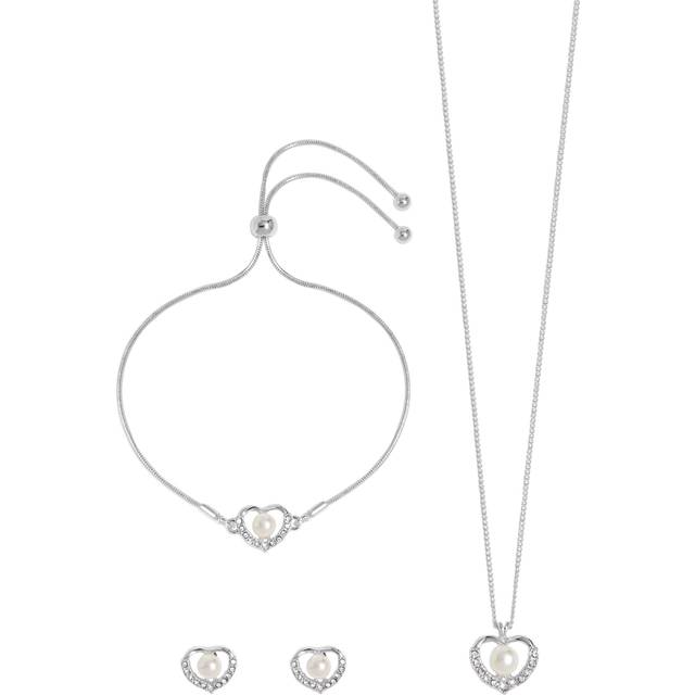 Jon Richard Silver Plated Pearl And Crystal Heart Trio Set - Gift Boxed, Silver, Women - Ilver